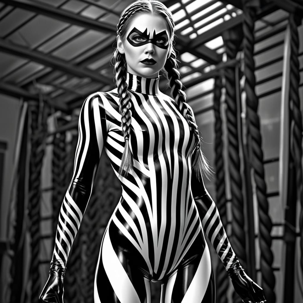 Female Zebra Superhero in Latex Unitard, Comic Book Style