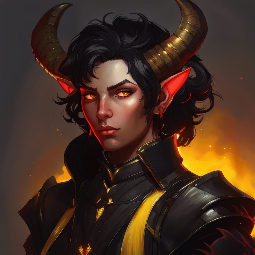 Tiefling Warrior Portrait in Art Nouveau Style