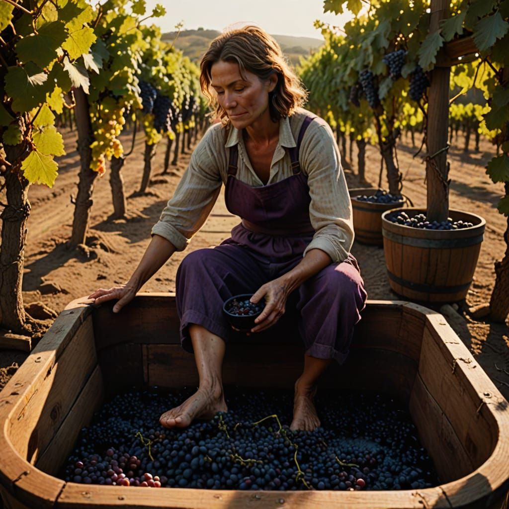 Woman Crushing Grapes in Vineyard, Cinematic Film Still