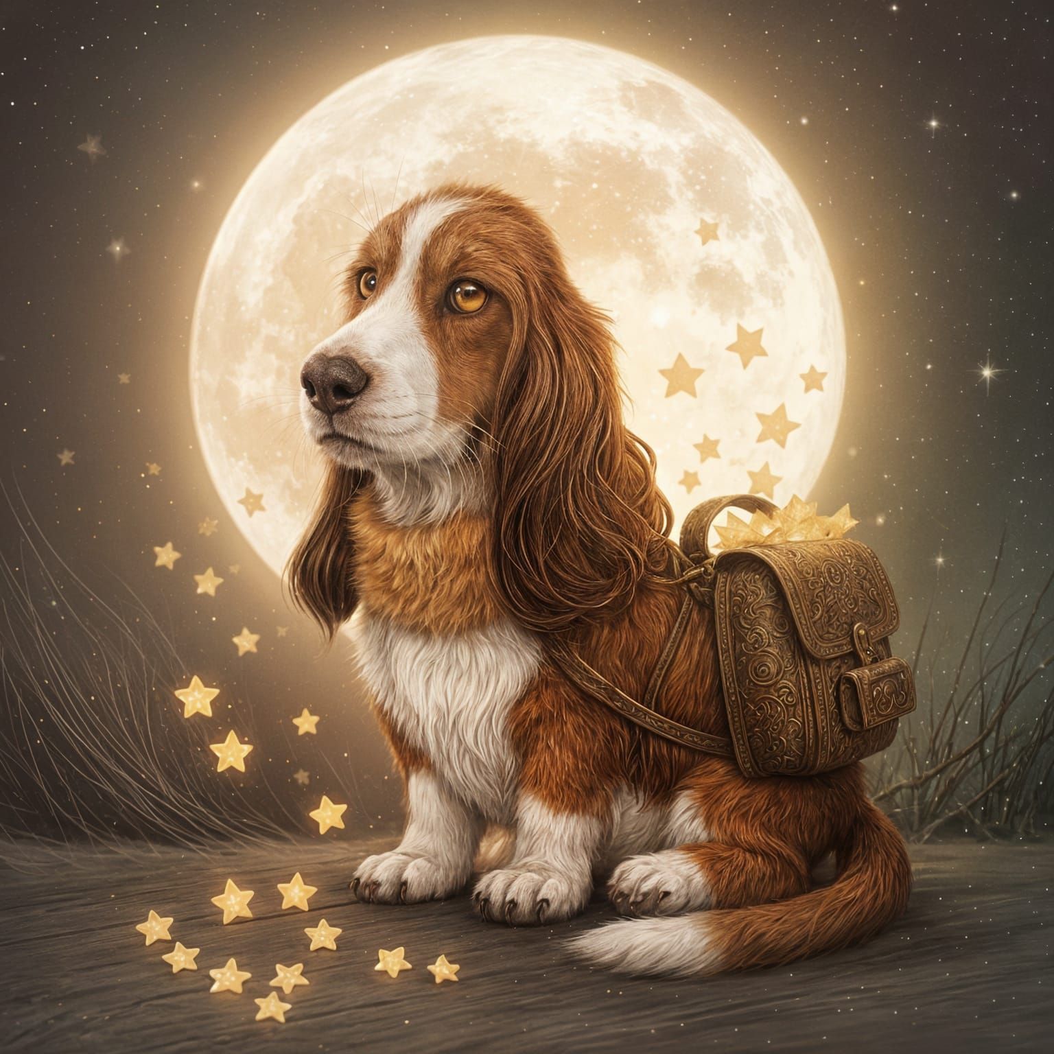 Magical Basset Hound Under Moonlit Sky