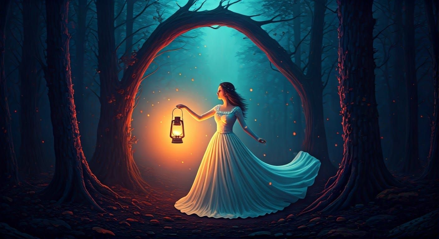 Ethereal Woman with Lantern in Misty Twilight