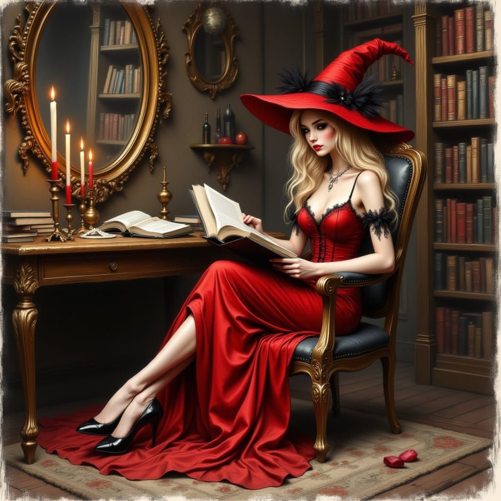 Elegant Witch Reading in Cozy Study