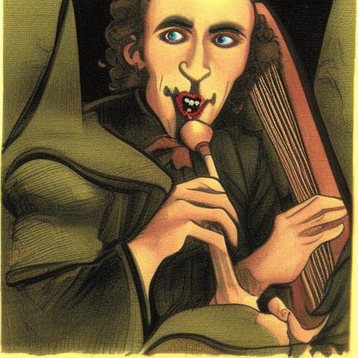 Kind Vampire Lord Playing Harp in Purple Hues