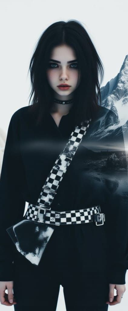 Emo Woman Portrait Over Snowy Mountain Landscape