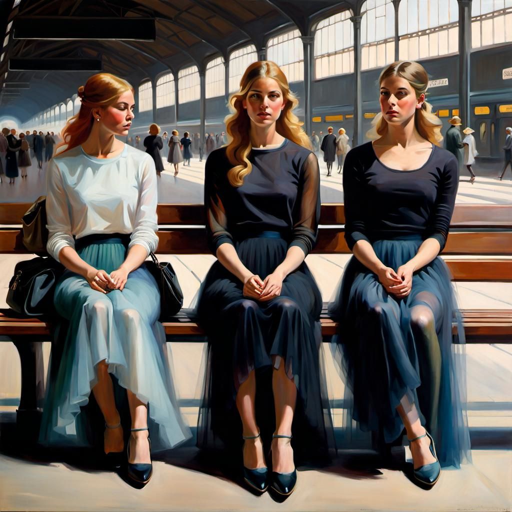 Danish Girls at Train Station as Oil Painting