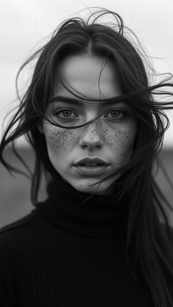 Cinematic Black and White Portrait of Woman in Wind