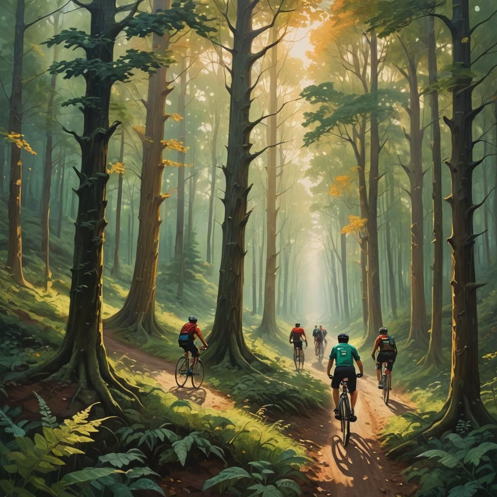 Cyclists in Emerald Forest Valley: Fantasy Concept Art