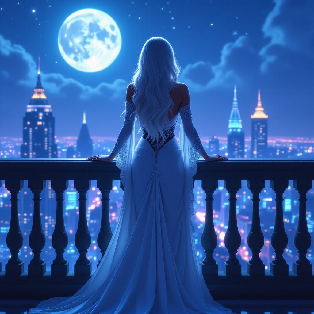 Woman in Moonlit Gown Overlooking Futuristic City