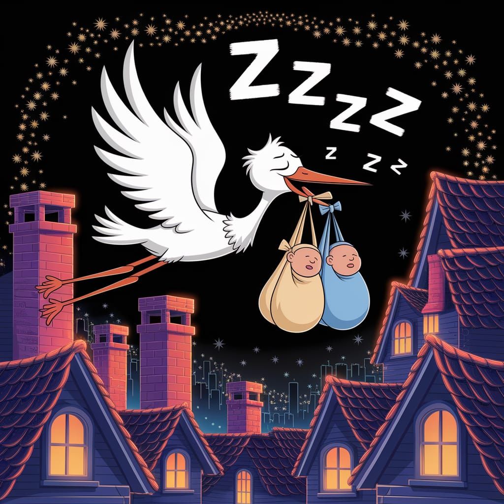 Stork Delivers Babies on Whimsical Night Flight
