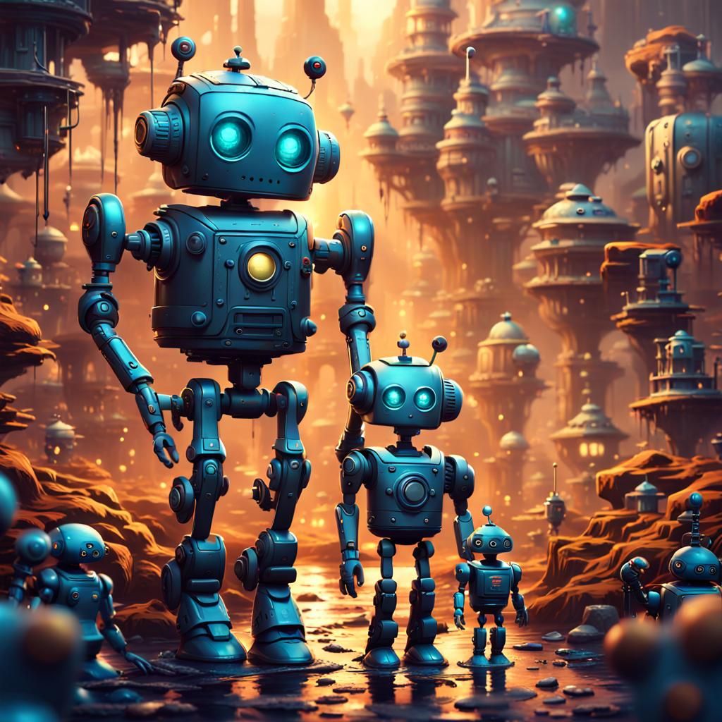 Children with Cute Robots: Fantasy Concept Art