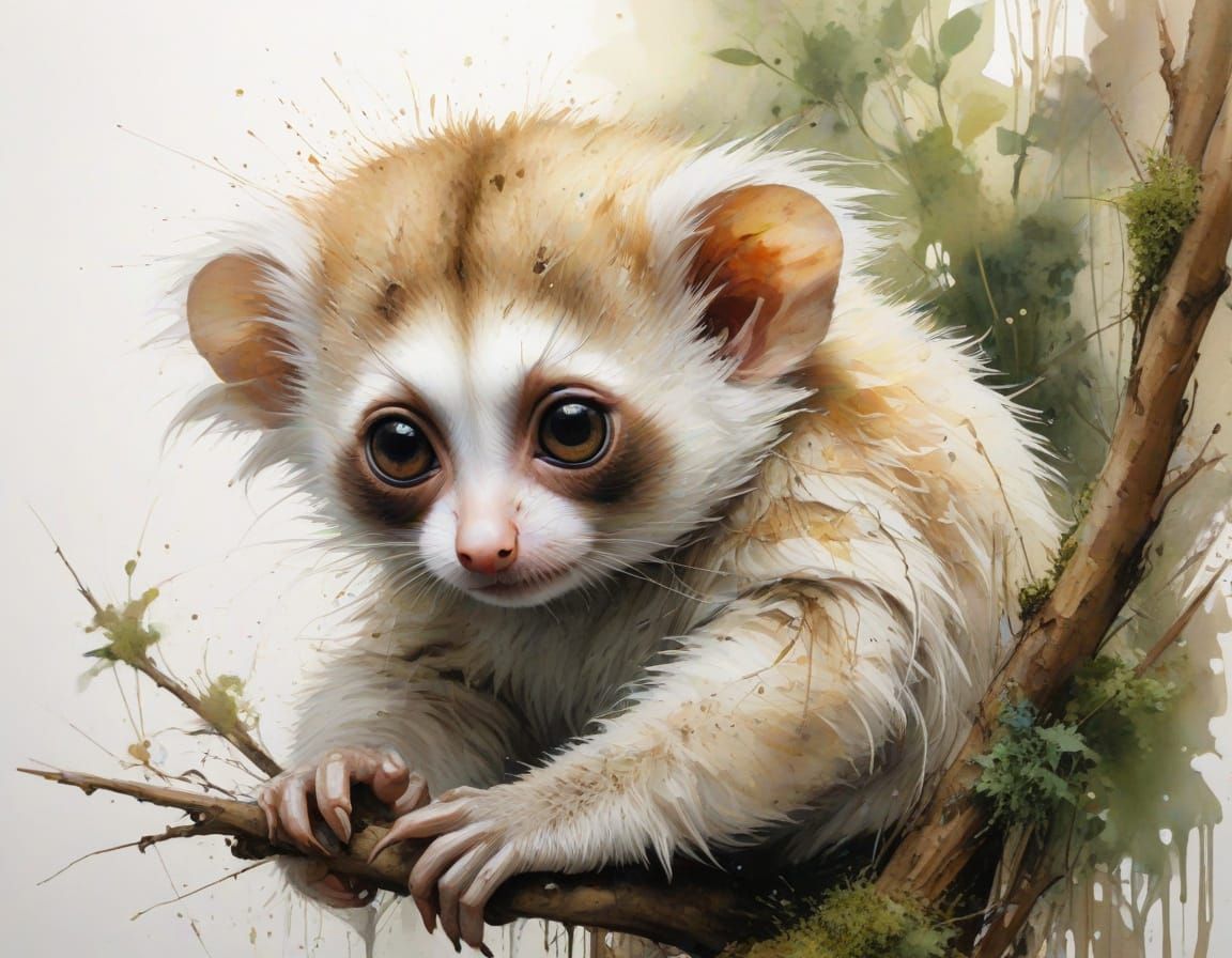 Infant Slow Loris in Expressive Watercolour Style