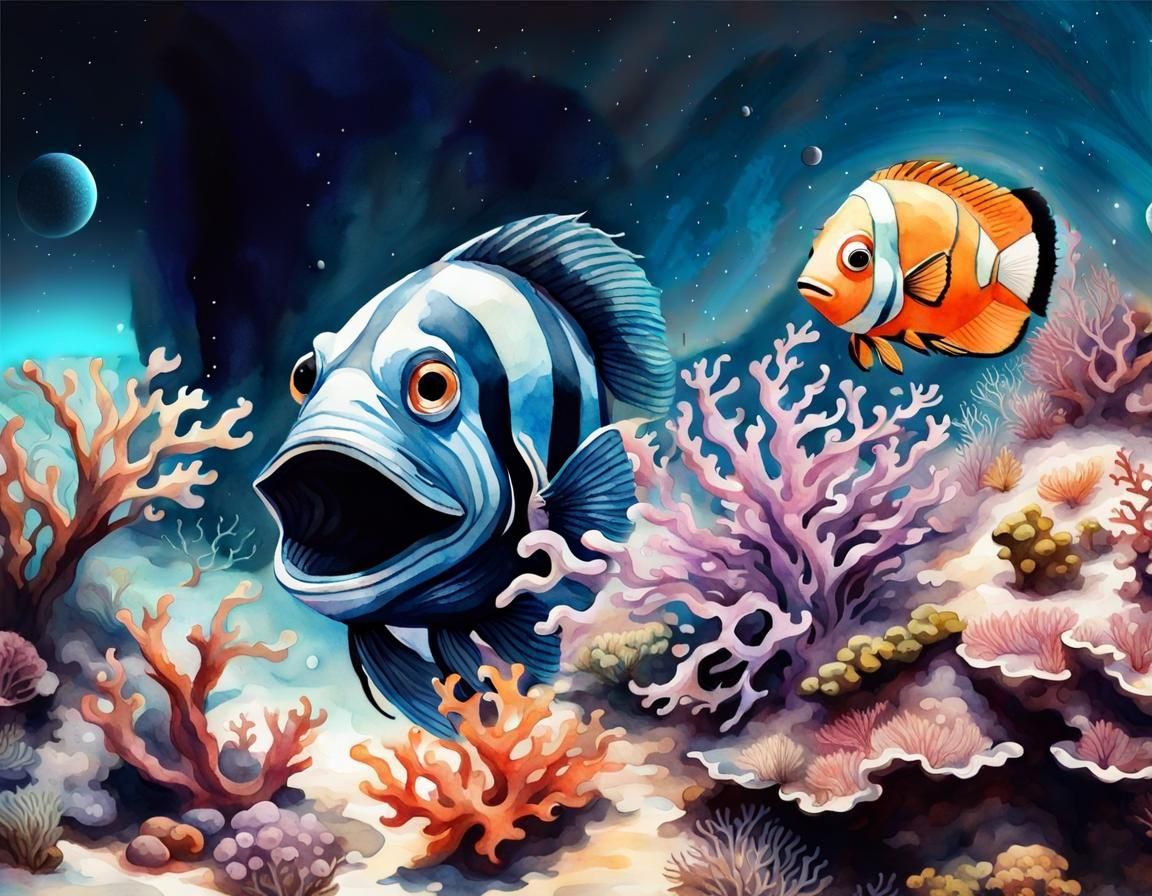 Spooky Nemo Fish: Lovecraftian Watercolor Undersea Art