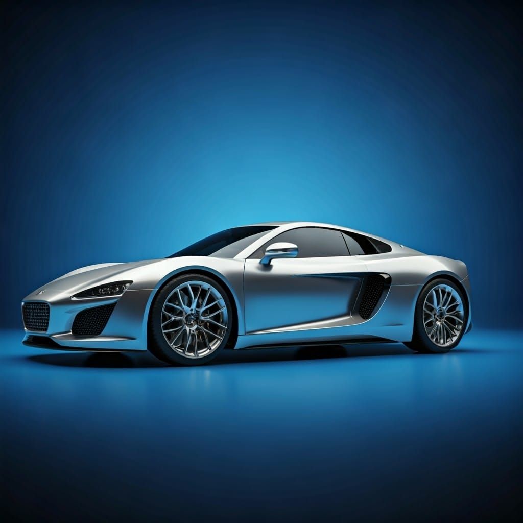 A sleek, silver sports car with gleaming chrome wheels and a curved, aerodynamic body, set against a vibrant, electric b...