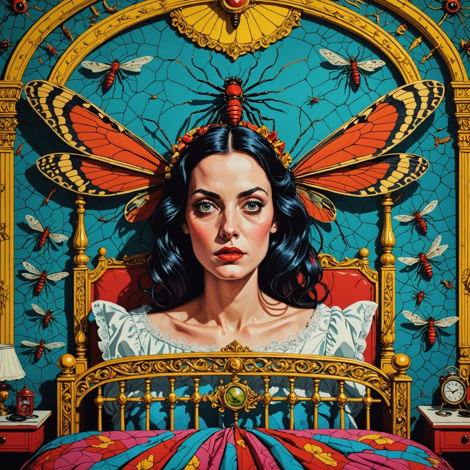 Lady Beset by Grotesque Mosquito Armies in Vibrant Pop Art B...