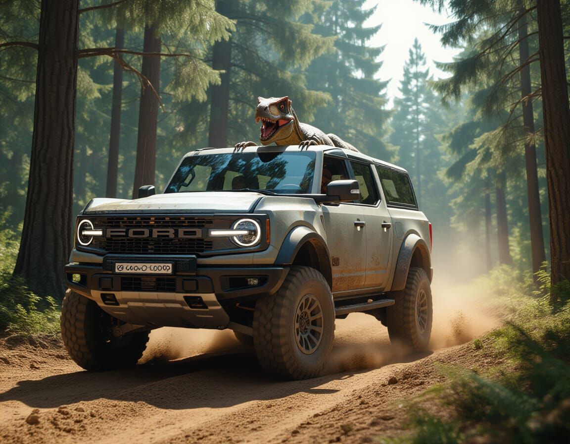Velociraptor Drives Ford Bronco Raptor on Forest Road