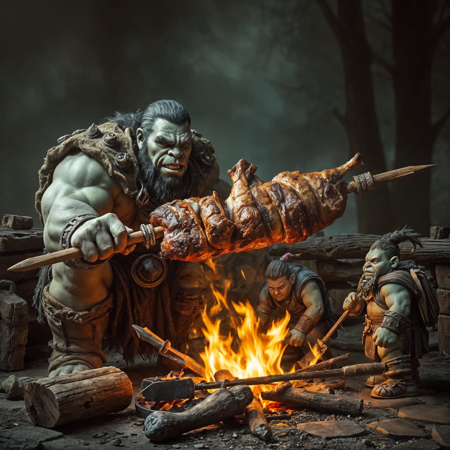 Ogre Father Roasting Meat for His Ogre Kids