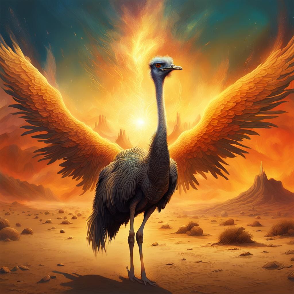 Phoenix-Winged Ostrich Rises in Surreal Desert