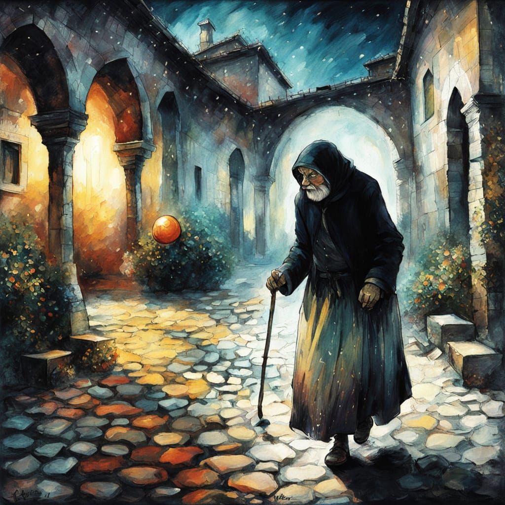 Melancholic Old Woman in Post-Impressionist Village