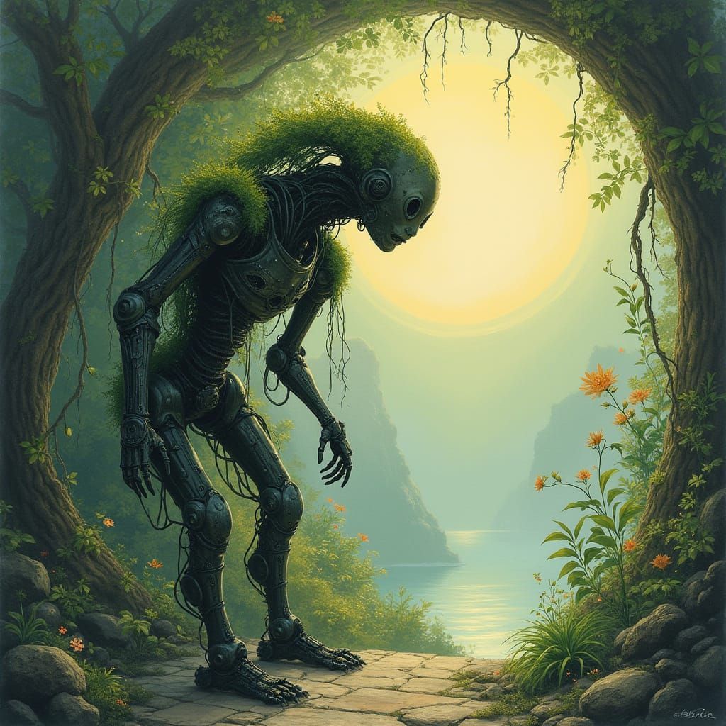 Automaton Guarding Hidden Sanctuary in Biomechanical Surreal...