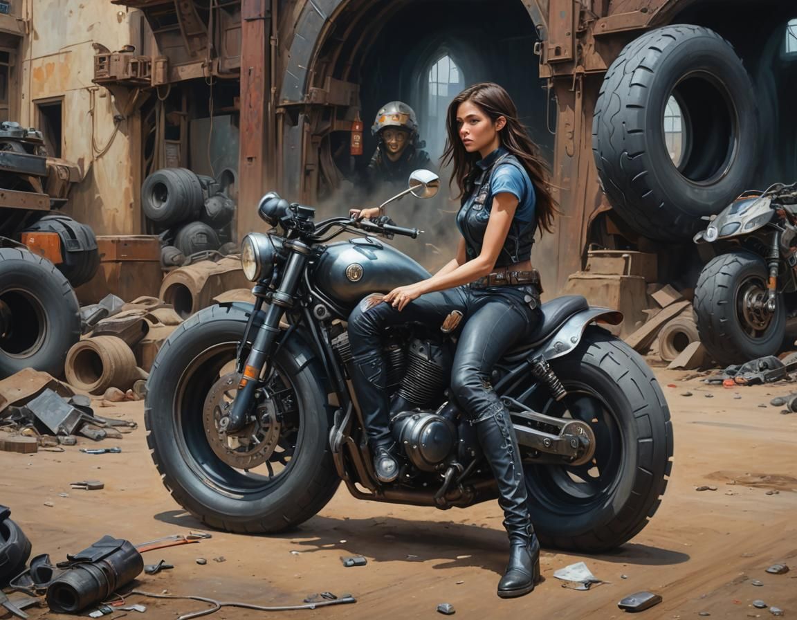 Woman on Sci-Fi Motorcycle: Detailed Matte Painting