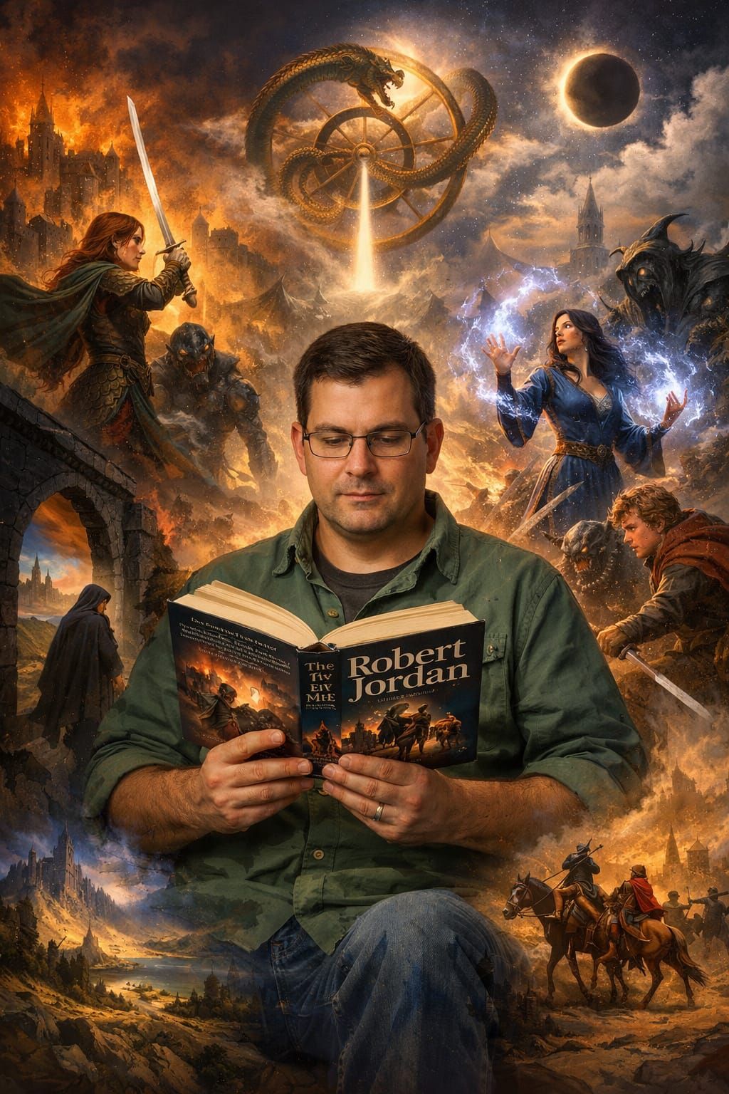 Man Reading Wheel of Time Novels Amidst Fantasy Scenes