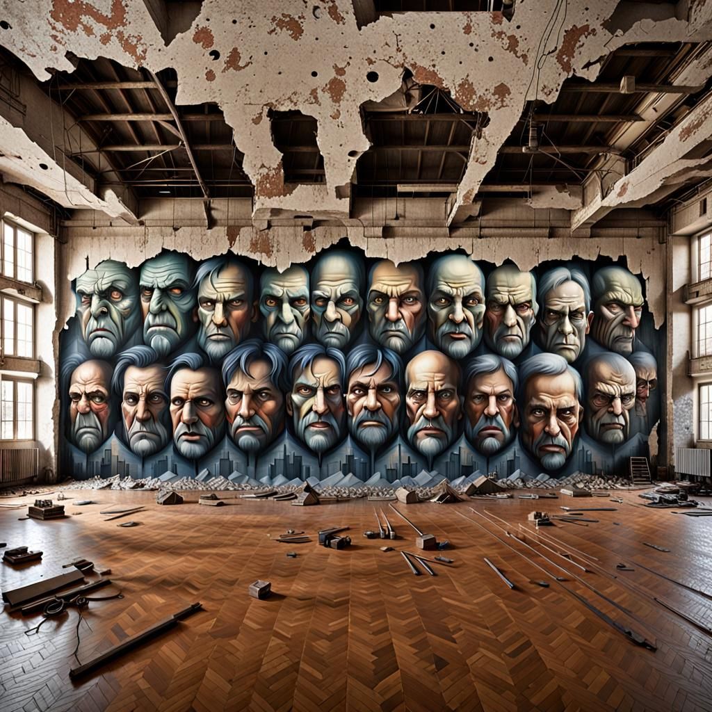 Brutalist Hall: Panoramic View of Elongated Faces