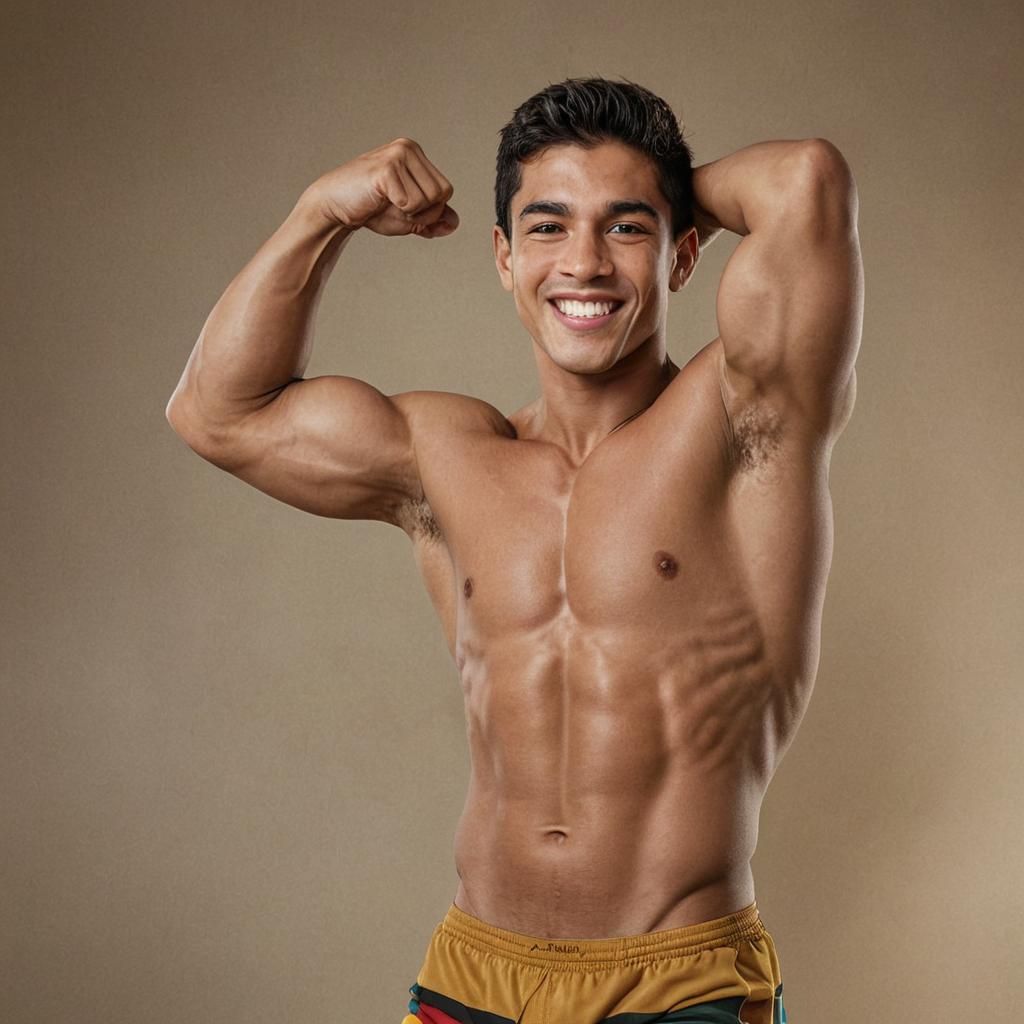 Smiling Latino Bodybuilder Flexing Biceps, Professional Port...