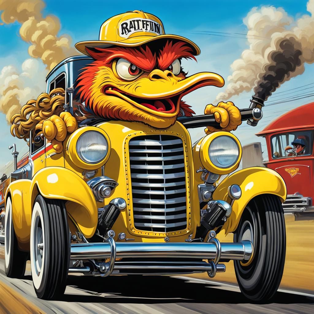 Ratfink Style Chicken Driving a Gasser Car