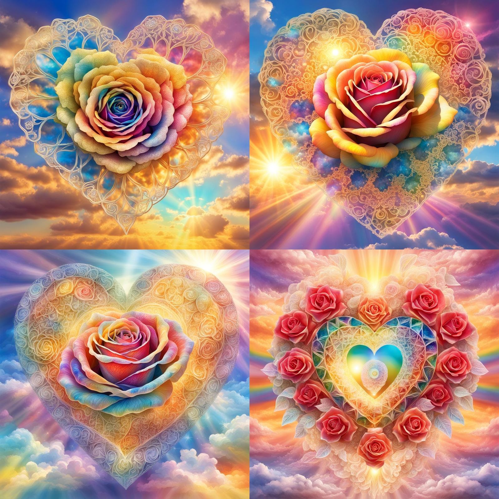 Hybrid Rose Heart with Rainbow Aura, Digital Art