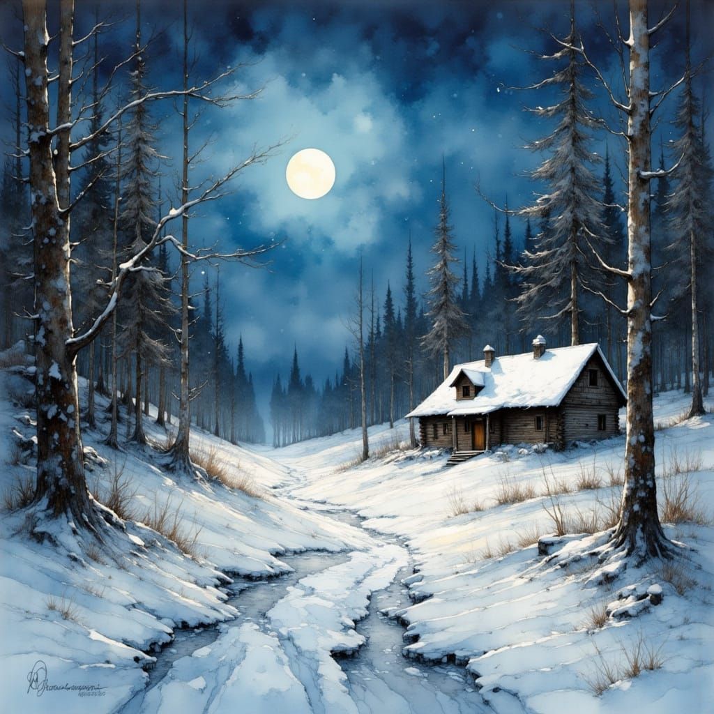 Rustic Cabin in Snow-Covered Woods Impasto Painting