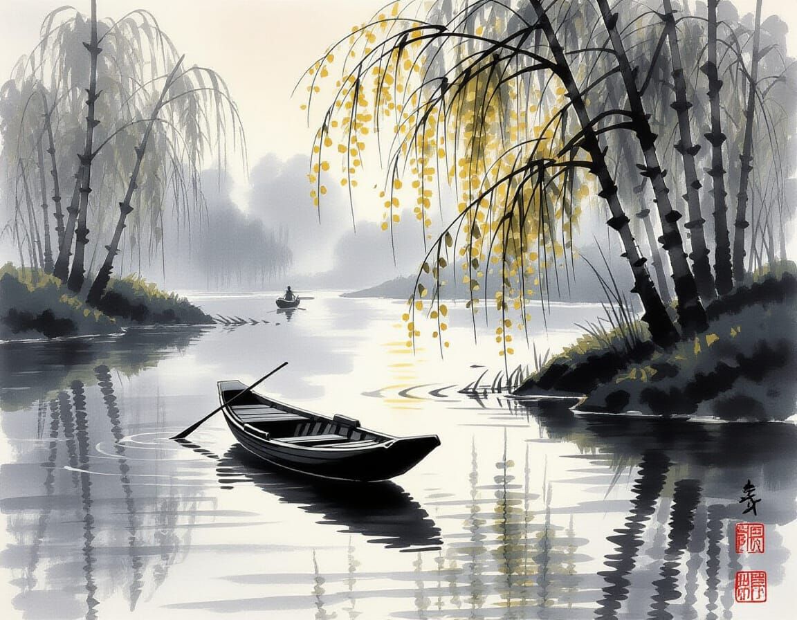 Chinese freehand ink wash style river scene