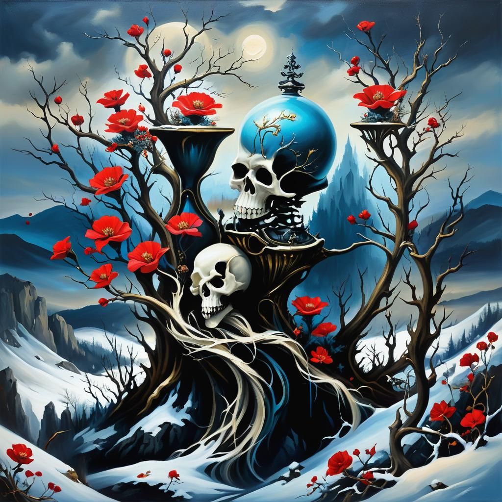 Winter Mermaidpunk Landscape with Hourglass and Skulls