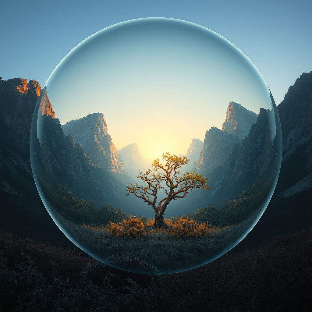 Crystal Ball Reflecting Sunset Valley in Matte Painting Styl...