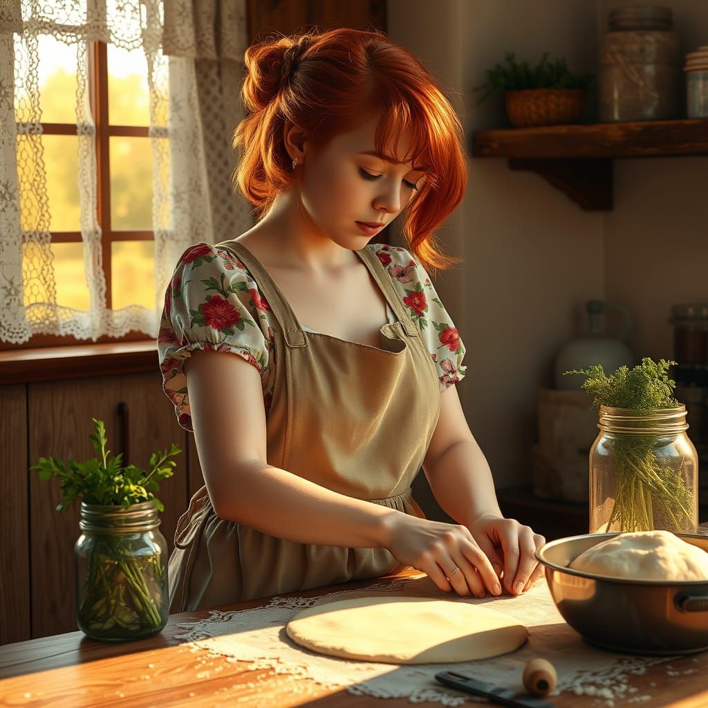 Redhead Tradwife Kneading Bread in Sunlight