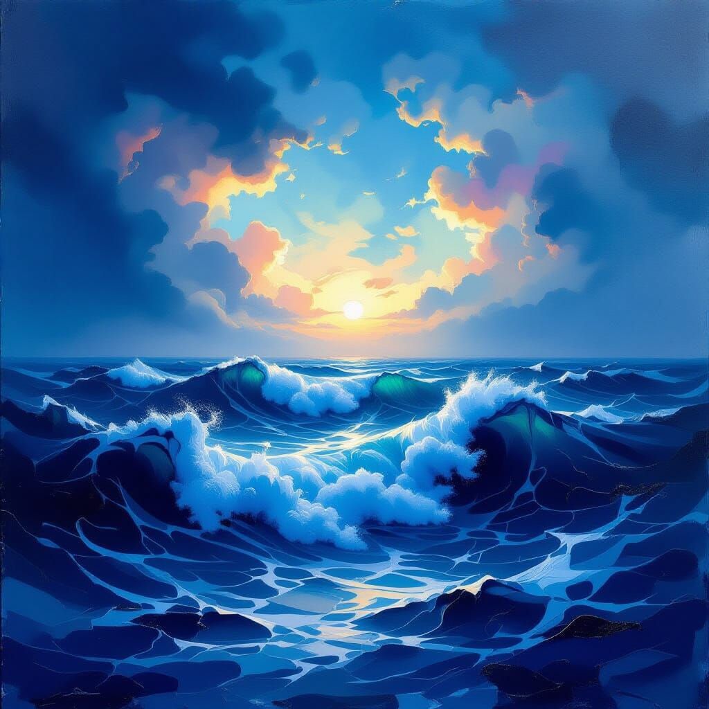 Abstract Ocean Waves in Cobalt and Obsidian