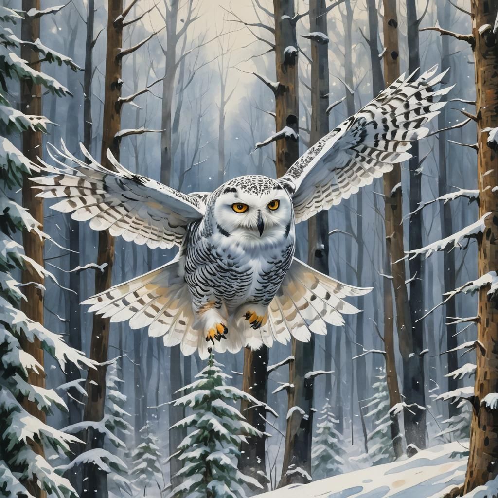 Snowy Owl Flying Through Winter Forest as Impasto Gouache