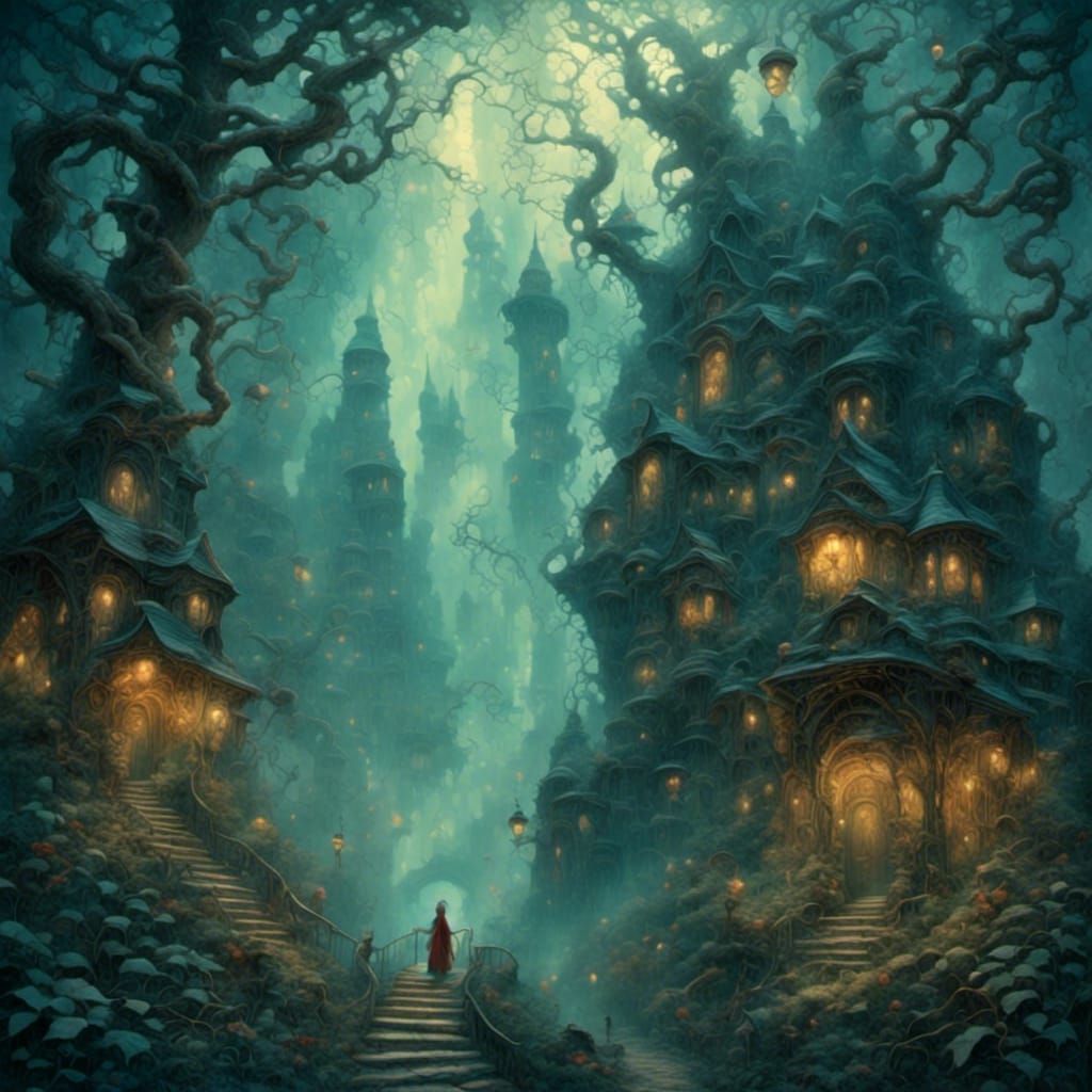 Enchanted Misty Forest Aerial View in Watercolor Style