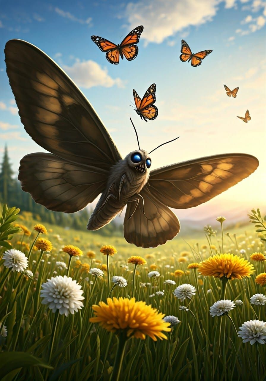 Mothra's Whirling Winged Allies in a Verdant Meadow