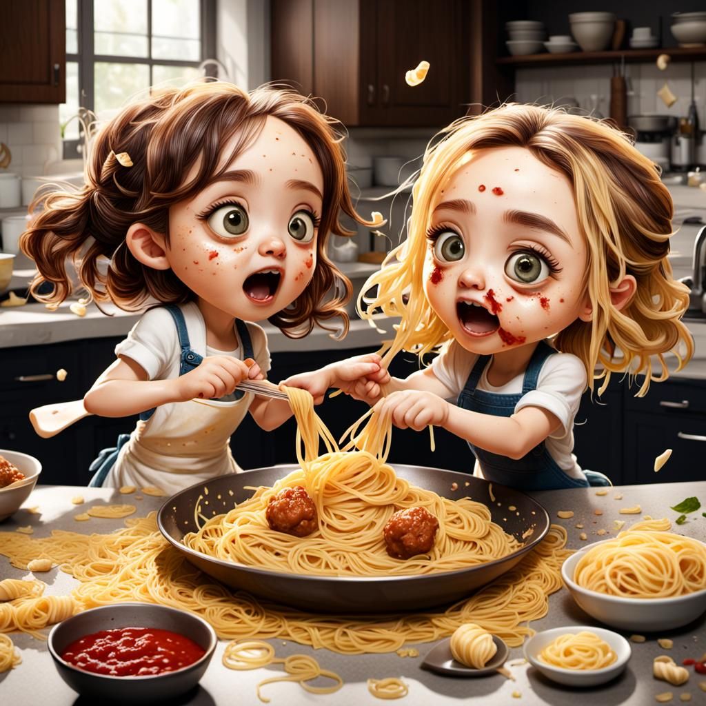Chibi Girls' Pasta Fight in Burtonesque Style