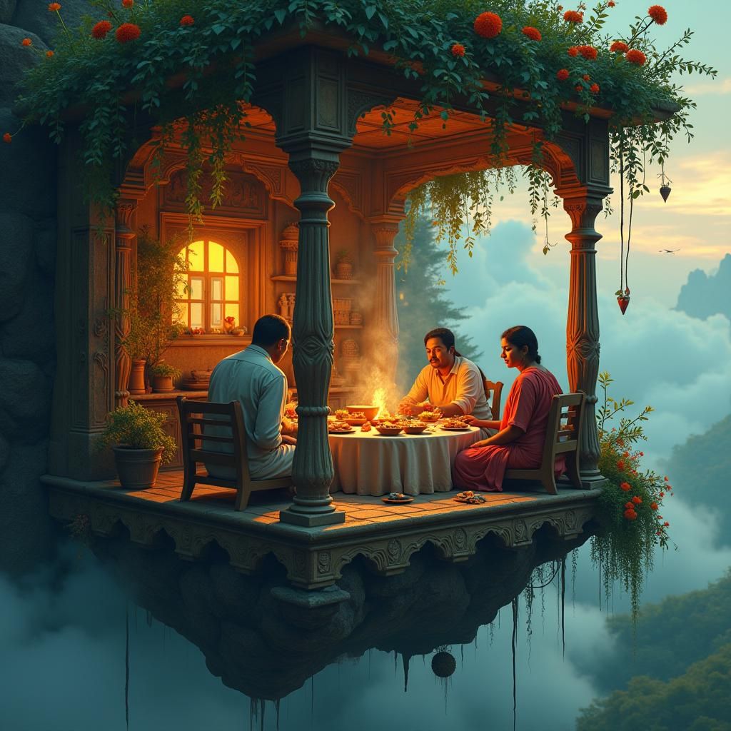 Floating Island: Indian Family in Dreamlike Setting