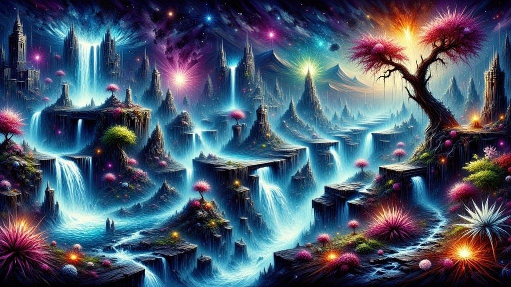 Bioluminescent Garden with Floating Islands, in Abstract Exp...