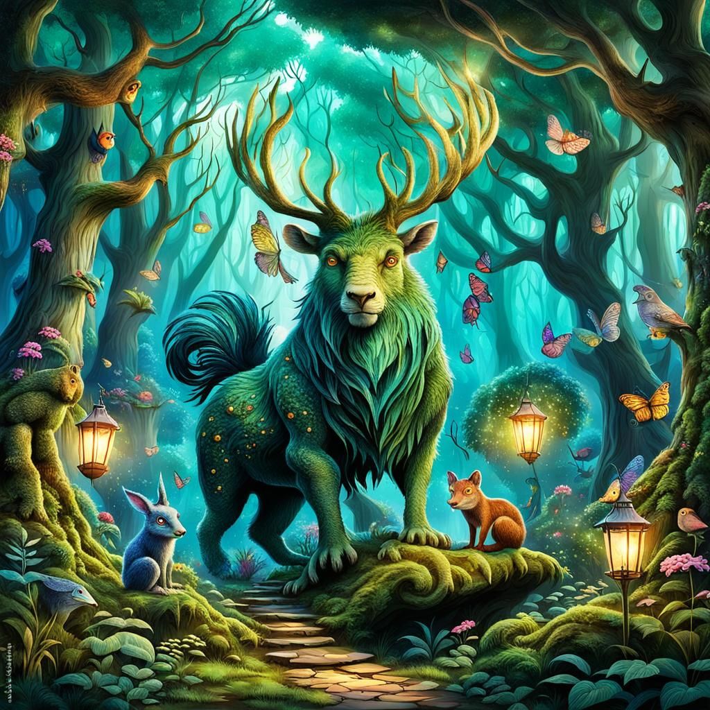 enchanted forest with many mythical creatures about