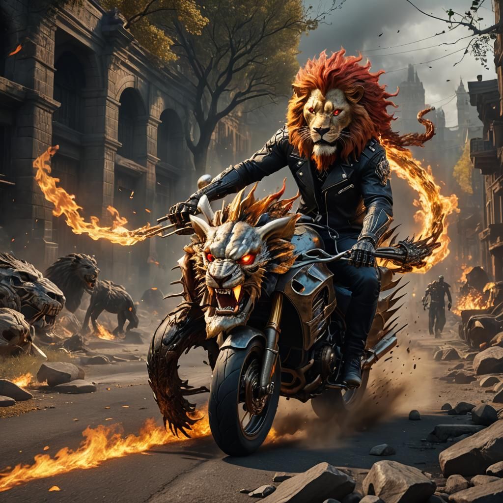 Ghost Rider and Lion Hybrid Fusion in 8k