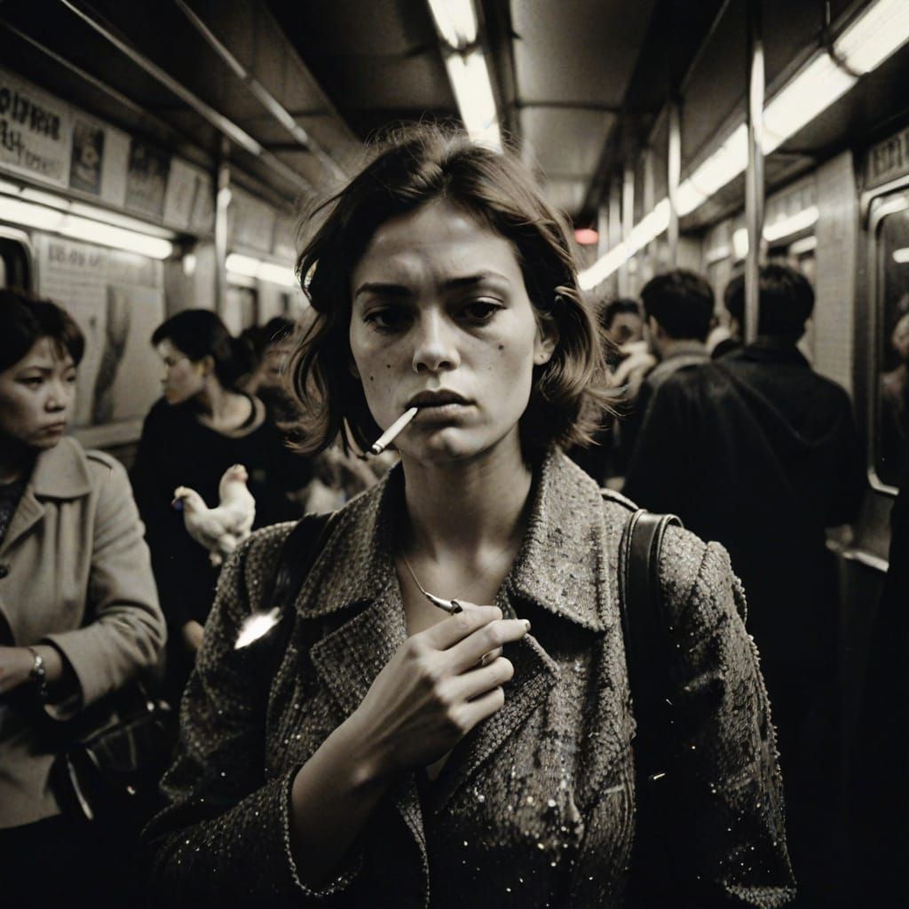 Grumpy Chicken in Subway: Vintage Film Style