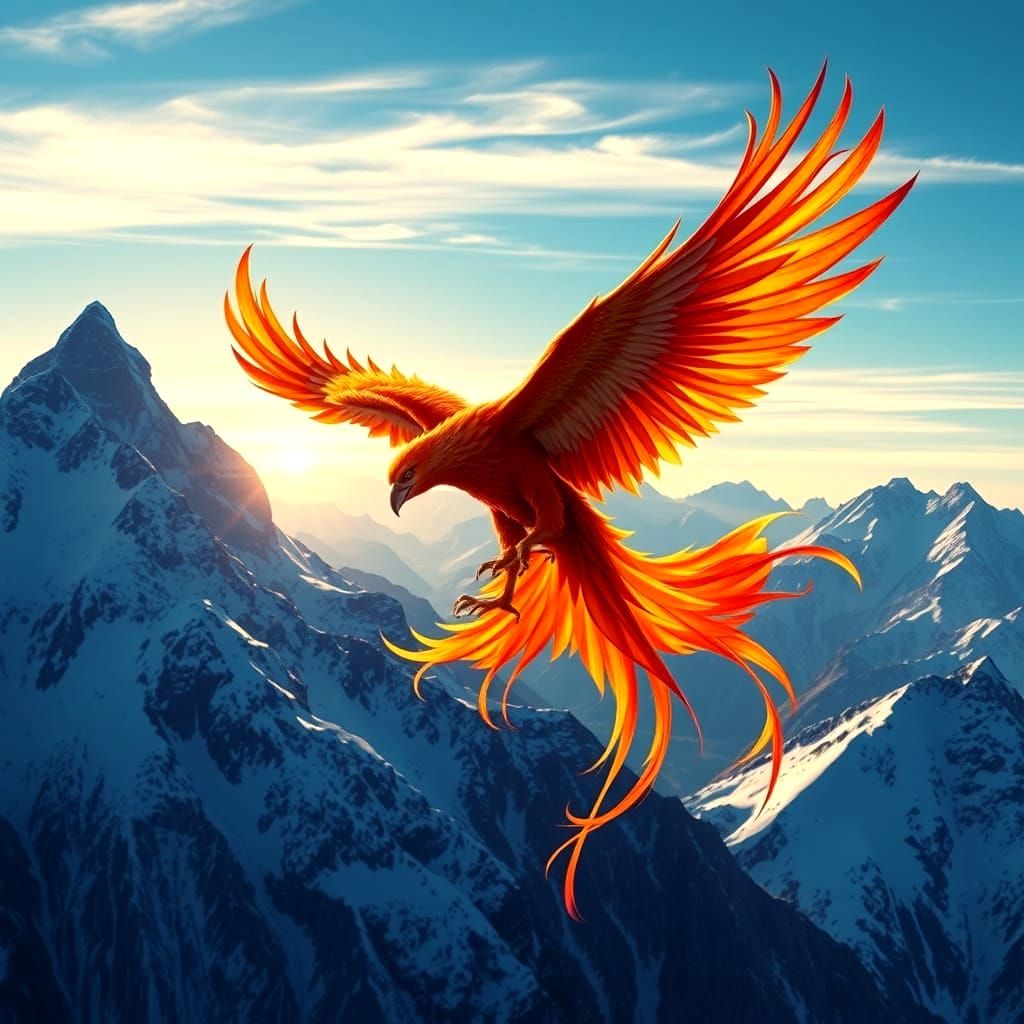 Phoenix Soaring Above Mountains: Splash Art Style