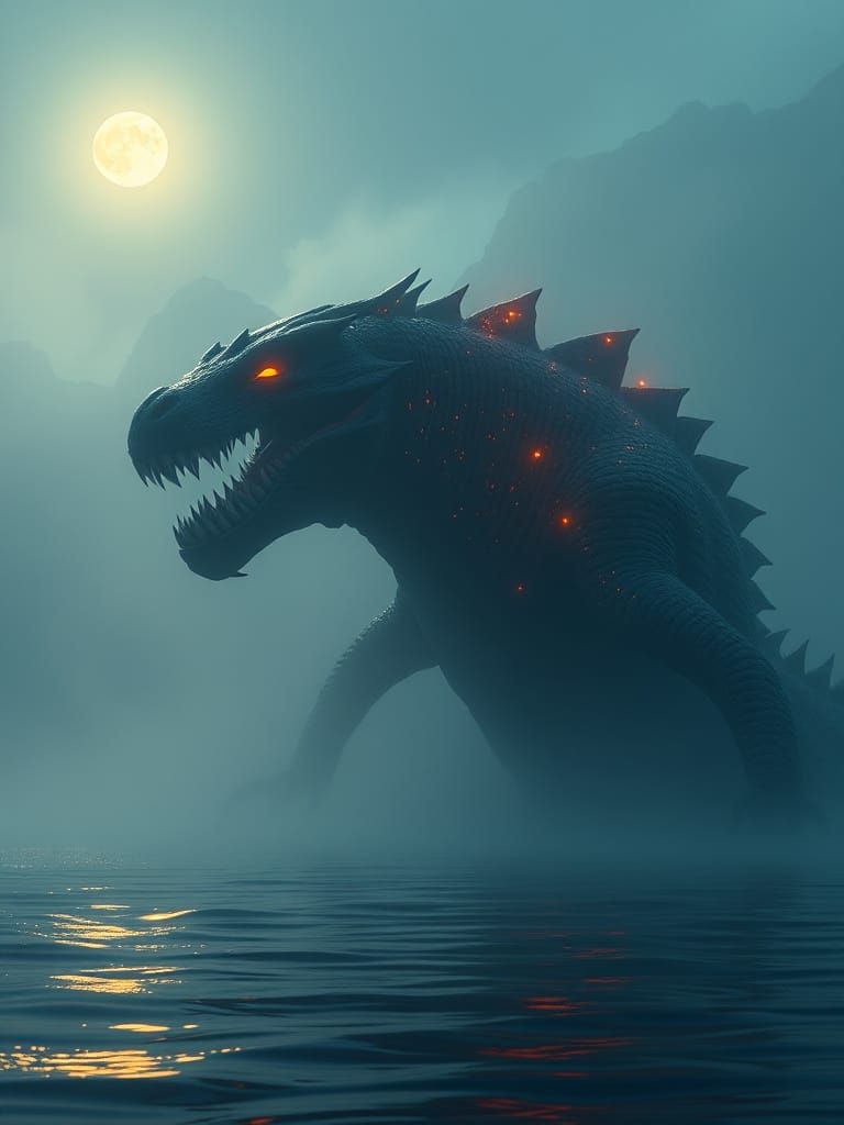 Lochness Monster Emerges Under Moonlight