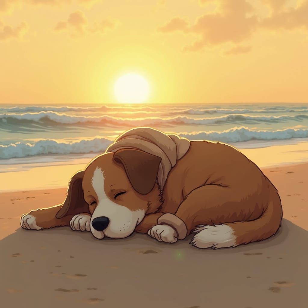 Dog Sleeping on Beach at Sunset, Digital Painting