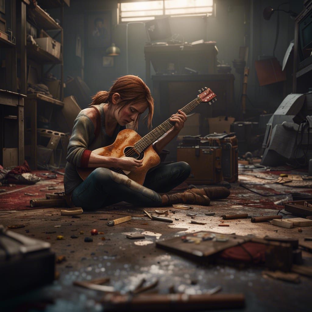 Ellie Smashing Guitar in Apocalyptic World, Cinematic 8k