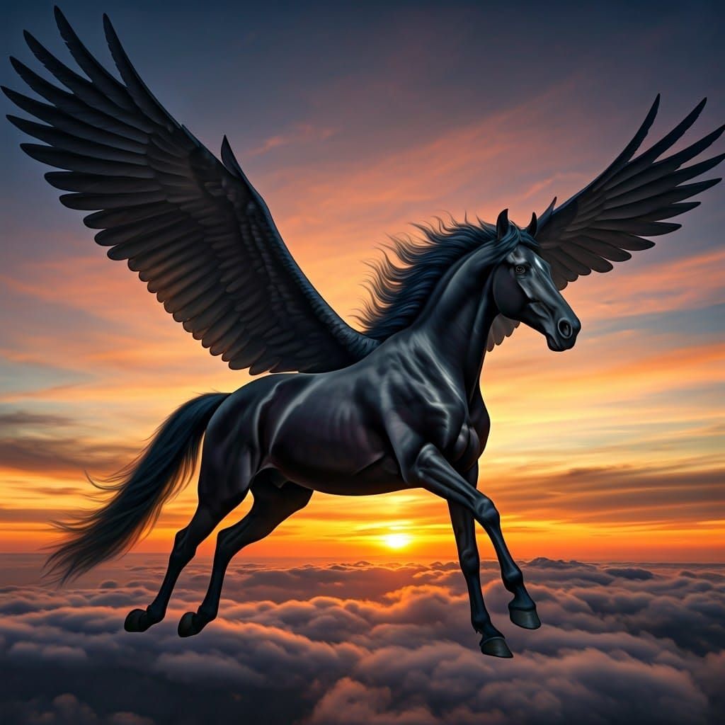 Majestic Black Pegasus Transcends Sunset Skies