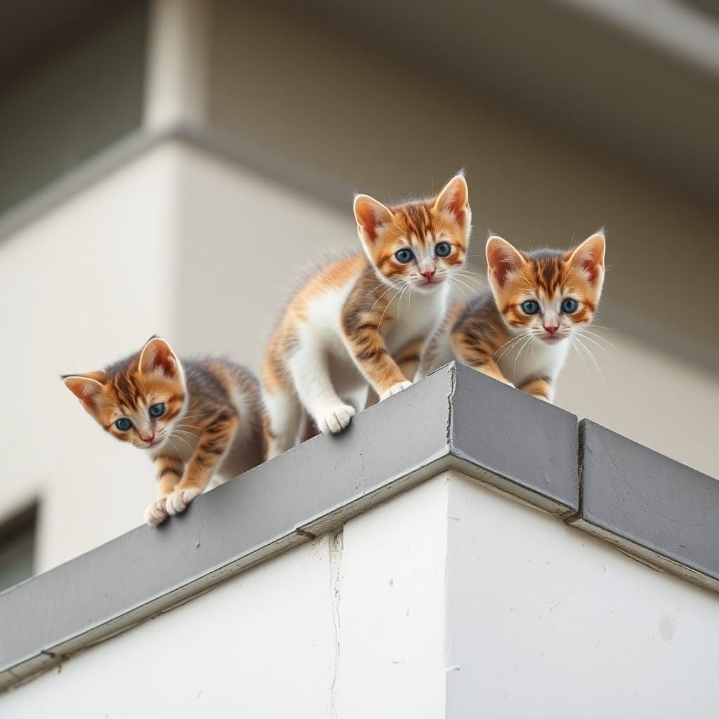 Kittens Climb High Building Roof Ridge